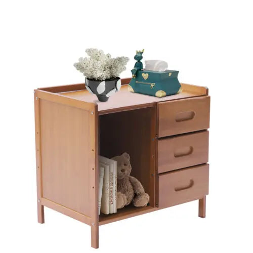 Bamboo Bedside End Table Brown Nightstand with Drawers and Open Shelf Sofa Side Stand Cupboard for Living Room Bedroom Or Office