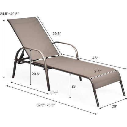 Sillón de patio con 5 respaldos ajustables y estructura de acero resistente, sillón para balcón o piscina, paquete de 2 tumbonas marrones para exteriores