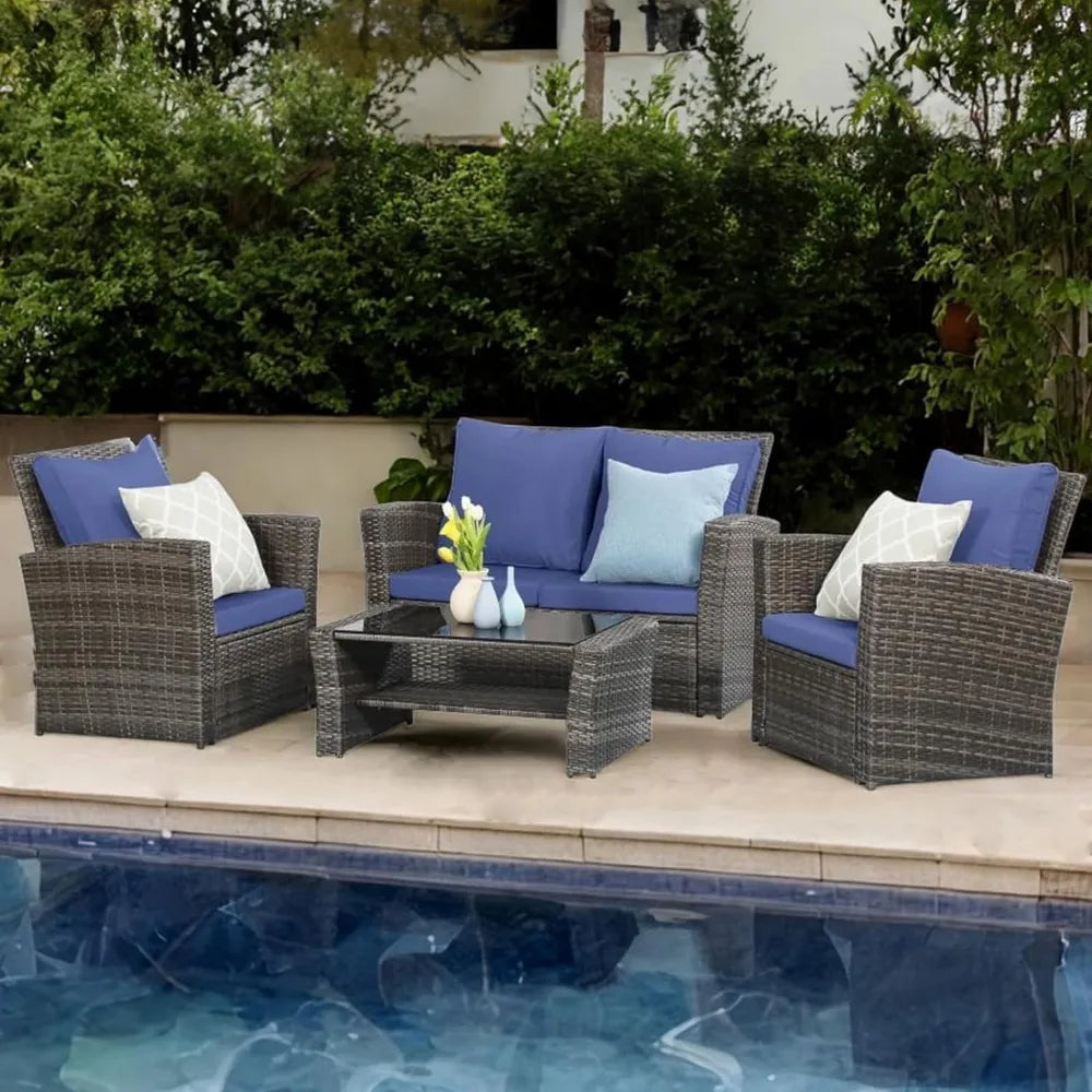 4 Piece Outdoor Patio Furniture Sets, Wicker Conversation Set for Porch Deck, Gray Rattan Sofa Chair with Cushion, Free Shipping