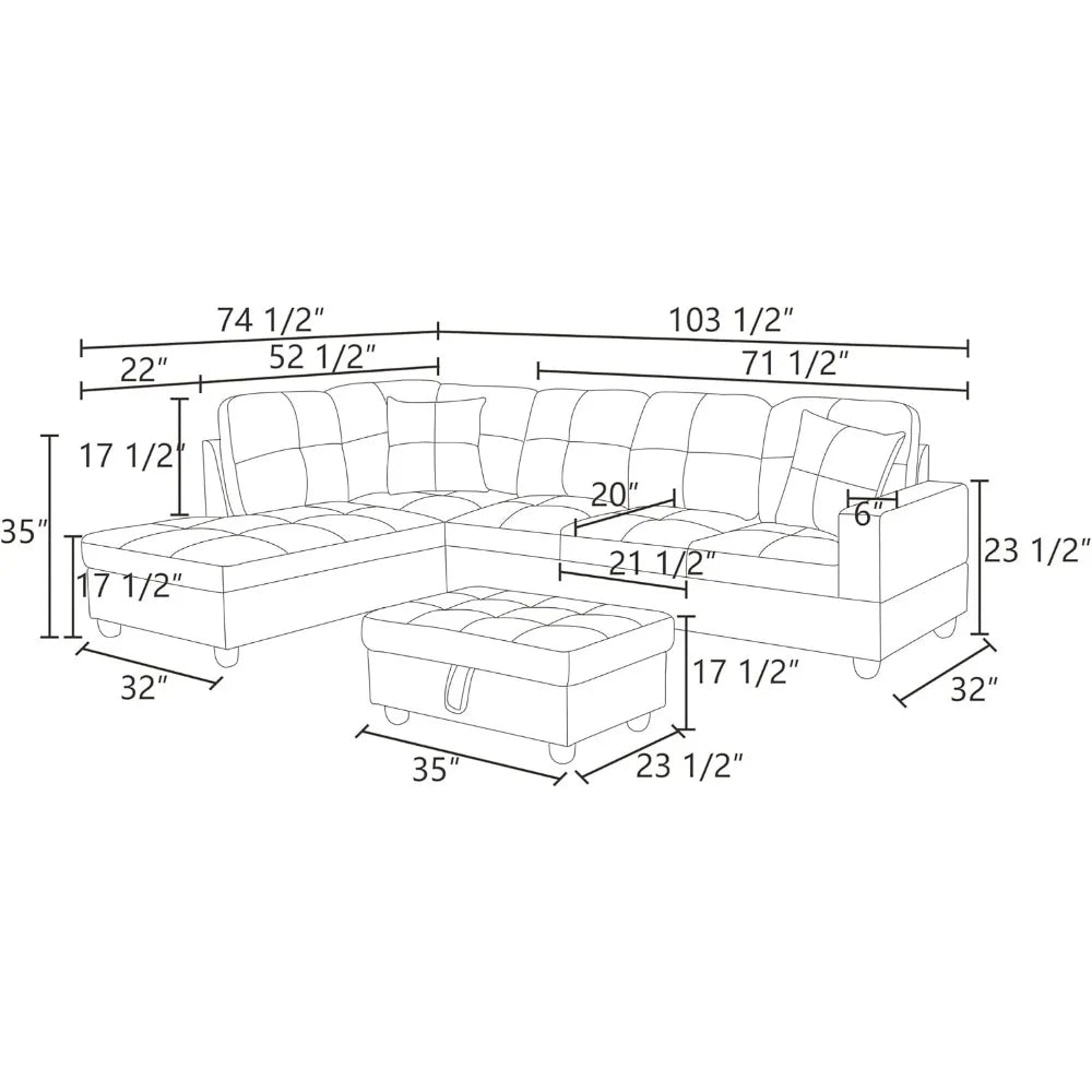 Grand canapé rembourré, chaise longue de rangement moderne en forme de L avec 2 oreillers, canapés sectionnels en cuir pour ensembles de meubles de salon et de bureau