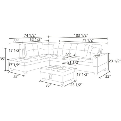 Grand canapé rembourré, chaise longue de rangement moderne en forme de L avec 2 oreillers, canapés sectionnels en cuir pour ensembles de meubles de salon et de bureau