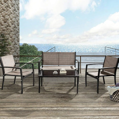 4 Pieces Outdoor Patio Furniture Conversation Glass Coffee Table Bistro Set with Loveseat Garden Yard Lawn and Balcony