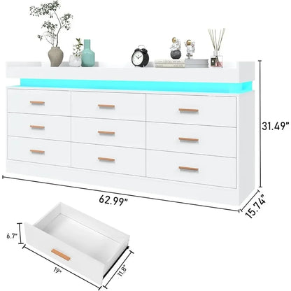 Commode à 9 tiroirs avec lumière LED, commode moderne pour placard, armoire de rangement à tiroirs large pour chambre à coucher, blanc