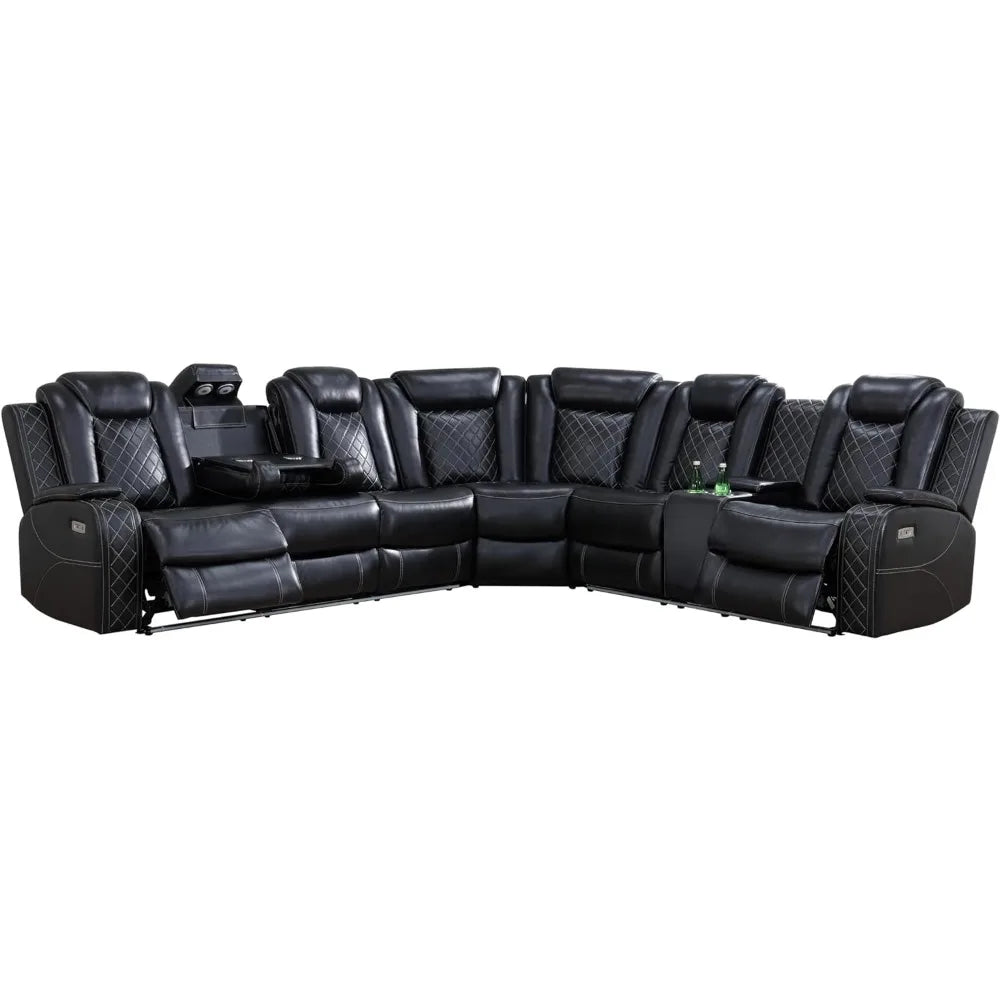 Fauteuil inclinable électrique sectionnel en cuir avec lumières LED, lumières de lecture, consoles de rangement, porte-gobelets, port de chargement USB