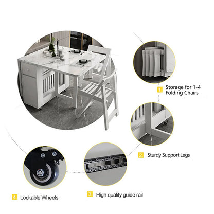 Dining Table with Storage Rack and 2 Drawers, Movable Kitchen Table Extendable Versatile Table Space Saving Foldable in 3 Forms