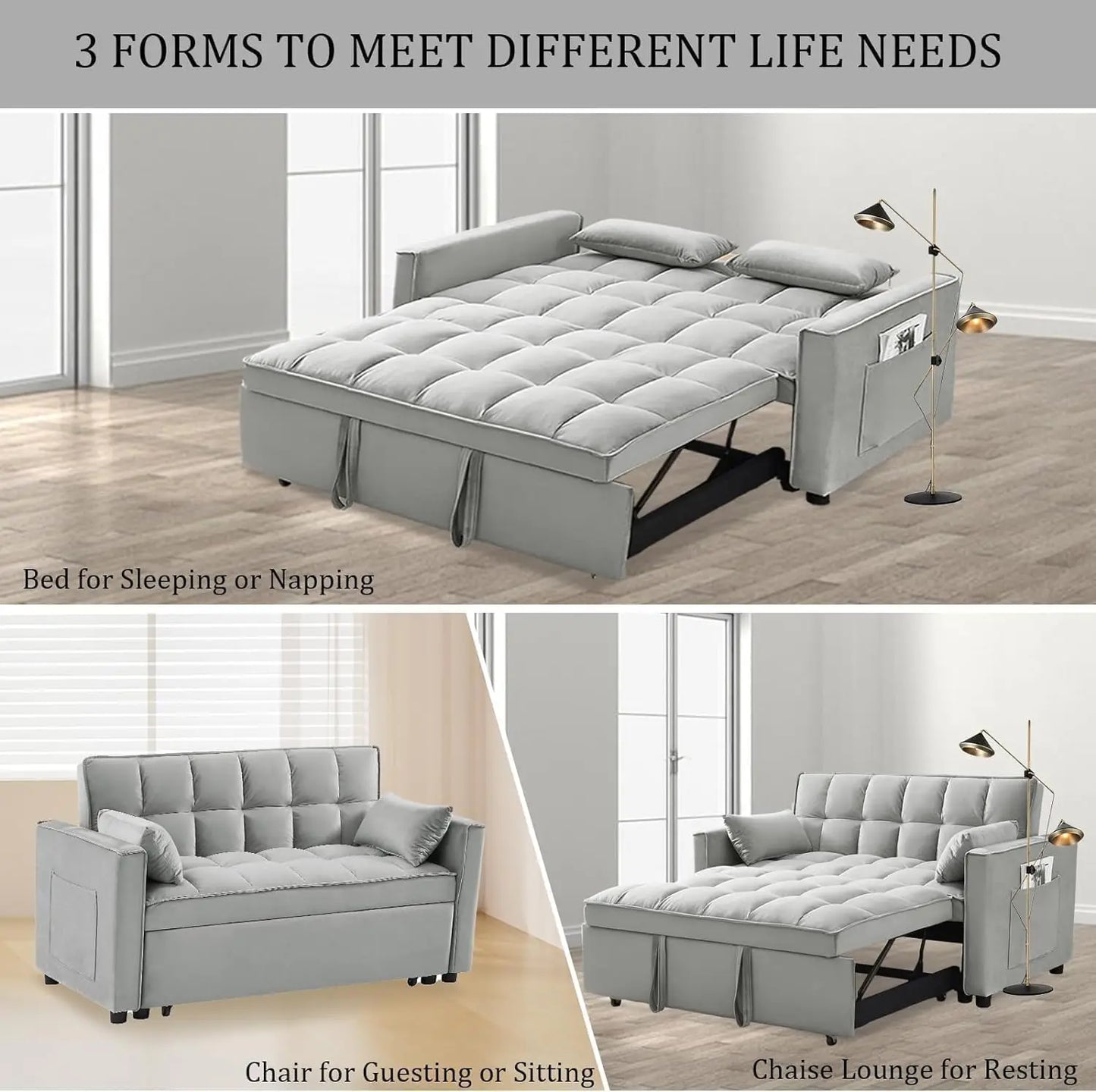 Sofá cama 3 en 1, sofá cama convertible de terciopelo con respaldo ajustable en 3 niveles, bolsillos de almacenamiento, almohadas decorativas, gris