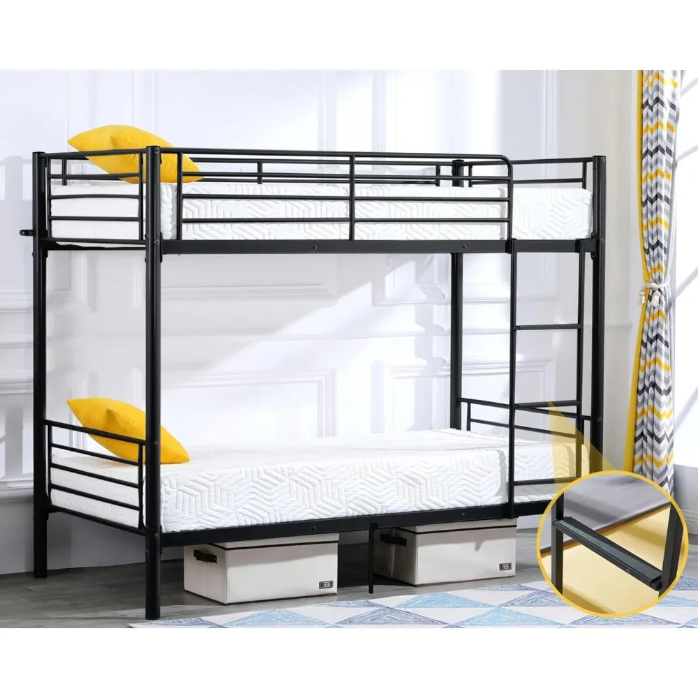 Bunk Bed Twin Over Twin, Twin Bunk Beds for kids/Teens/Adults, Flat Ladder and High Guardrail, Metal Bunk Bed with Stairs, Black