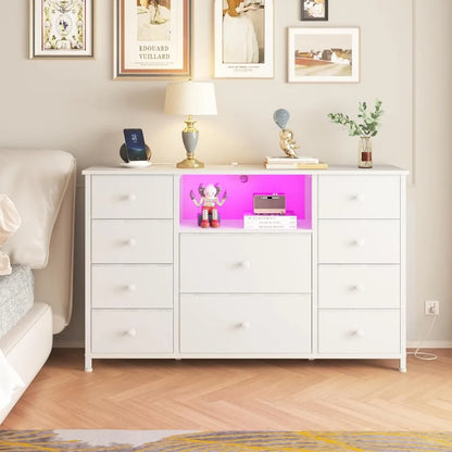 Cómoda con estación de carga y luces LED, cómoda larga para dormitorio, mueble de TV con 10 cajones,