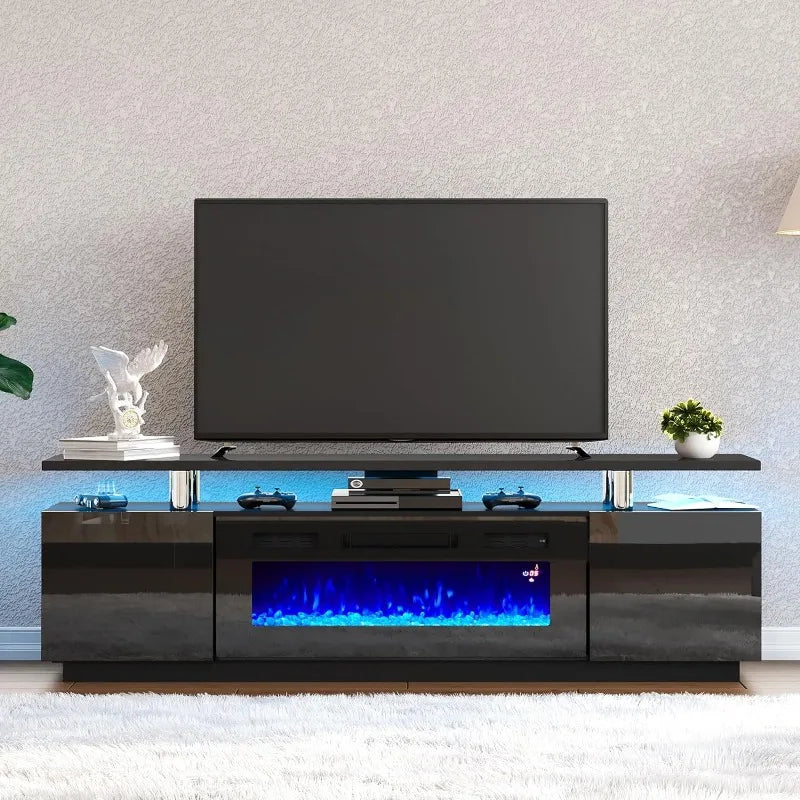 Fireplace TV Stand with 36" White Fireplace, 70" Modern High Gloss Fireplace Entertainment Center LED Lights, 2 Tier TV Console