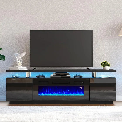 Fireplace TV Stand with 36" White Fireplace, 70" Modern High Gloss Fireplace Entertainment Center LED Lights, 2 Tier TV Console