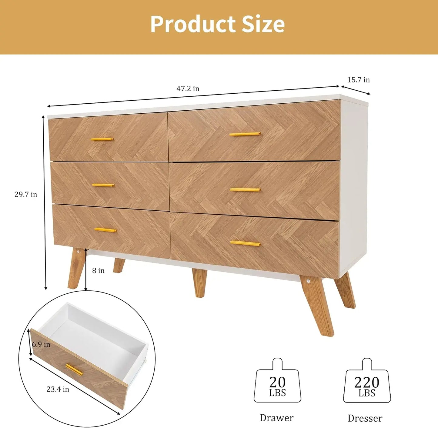 Commode en bois à 6 tiroirs, commode double moderne du milieu du siècle, commode large à tiroirs, armoire de rangement en bois pour chambre à coucher, entrée