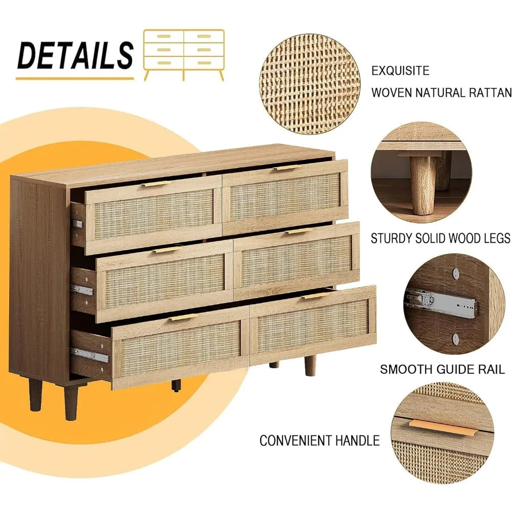 Cómoda doble de 6 cajones para dormitorio, armario de almacenamiento de madera con tiradores dorados, armario de almacenamiento de pie, color natural