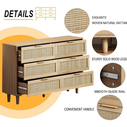 Commode double à 6 tiroirs pour chambre à coucher, armoire de rangement en bois avec poignées dorées, armoire de rangement sur pied, naturelle