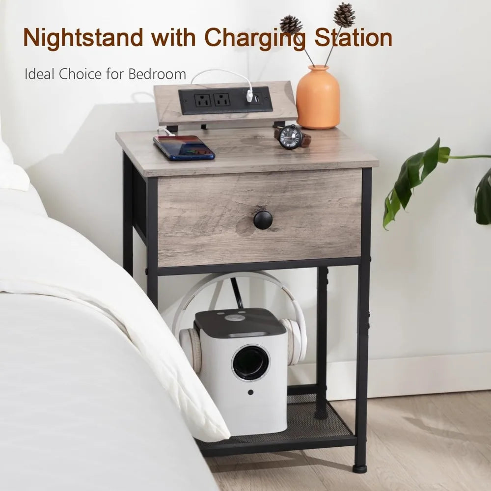 Night Stand, Nightstands Set of 2 with Charging Station, Small End Tables with USB Ports & Outlets, Slim Bedside Tabl