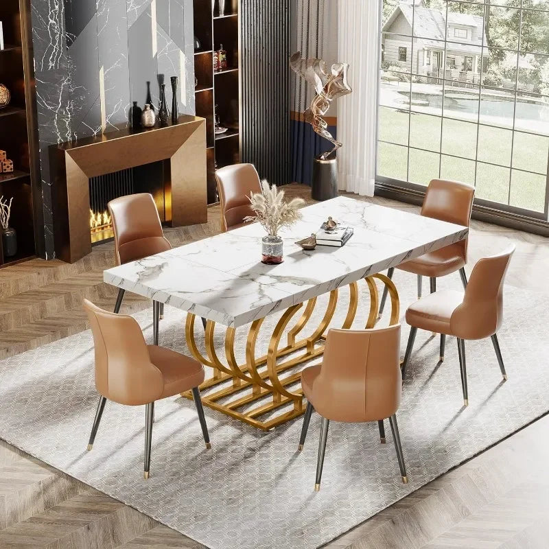 Mesa de comedor moderna, mesa de cocina de madera de imitación de mármol de 63 pulgadas para 6 personas, mesa de comedor rectangular con marco geométrico