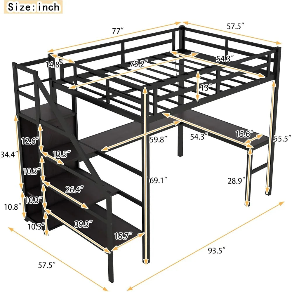 Full Size Loft Bed with Stairs and Desk, Metal Gaming Loft Bed with RGB LED Light, Heavy-duty Steel Loft Bed Frame with Storage