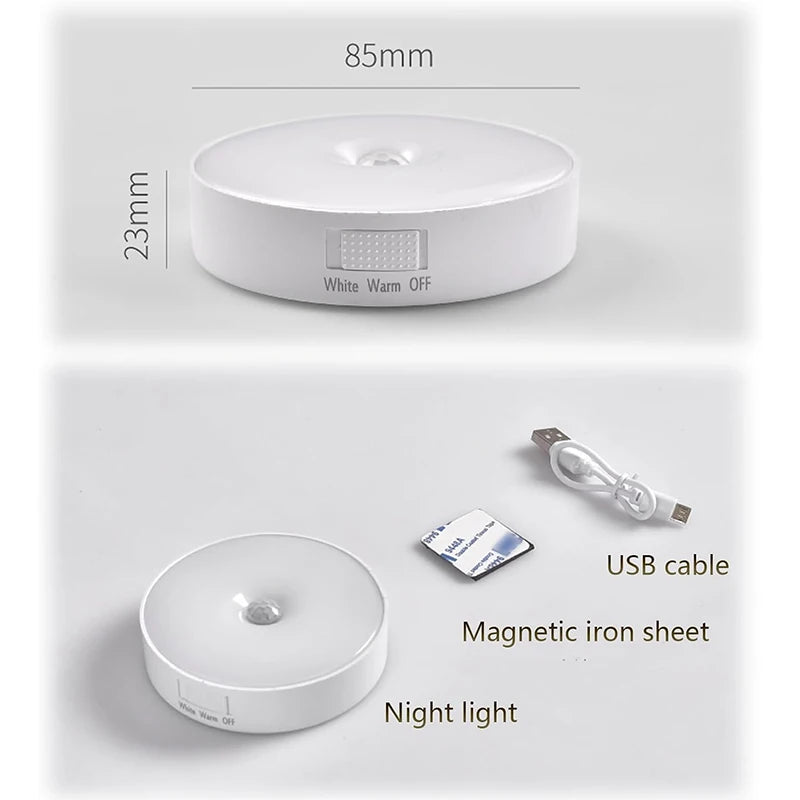 Luz LED de noche con sensor de movimiento, recargable por USB, para cocina, dormitorio, base magnética, luz de pared, iluminación de escaleras, lámpara de noche