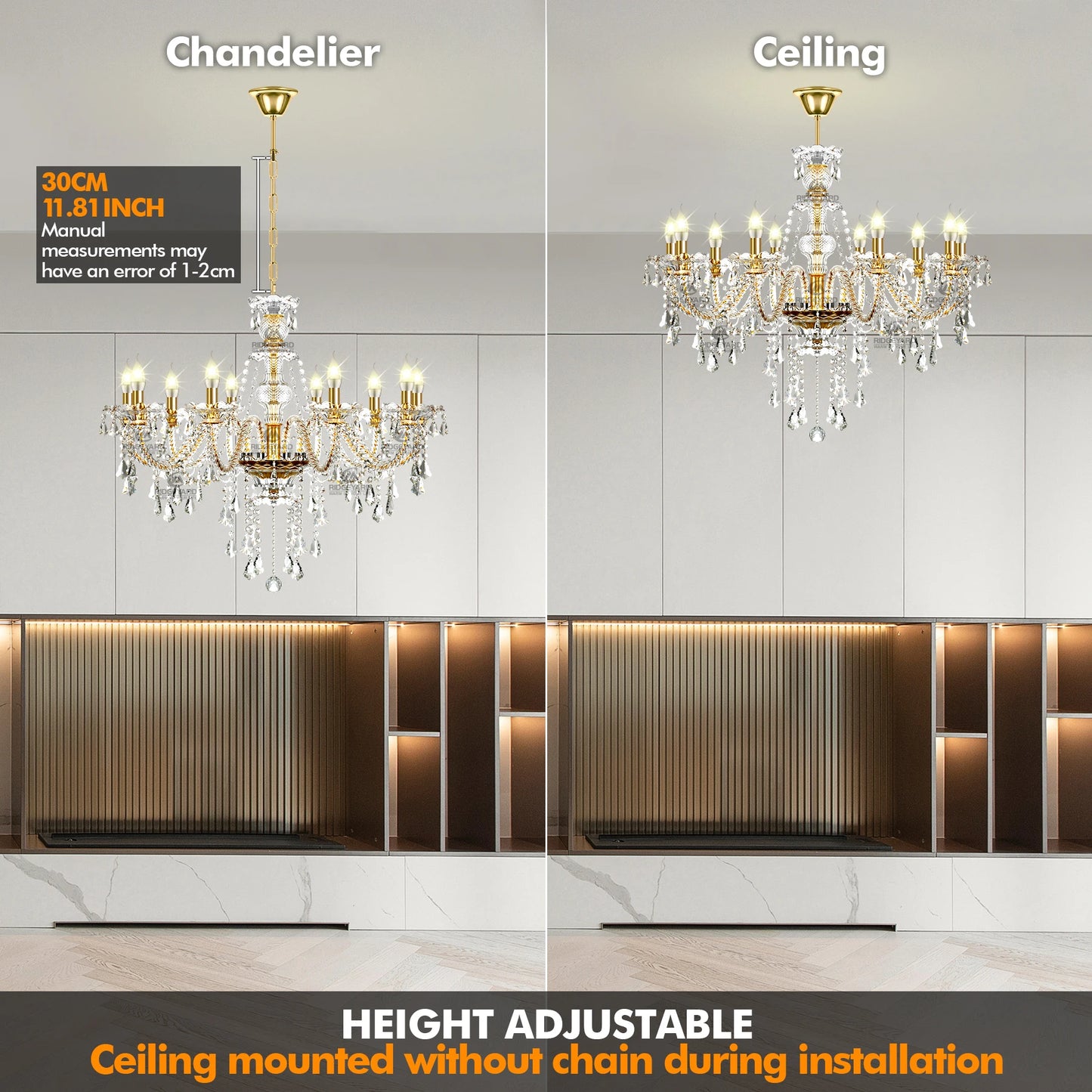 Elegant Glass Crystal Chandelier Ceiling Pendant Lighting Decor 10-Light Golden Hanging Lamp For Living Room Bedroom Room Lobby