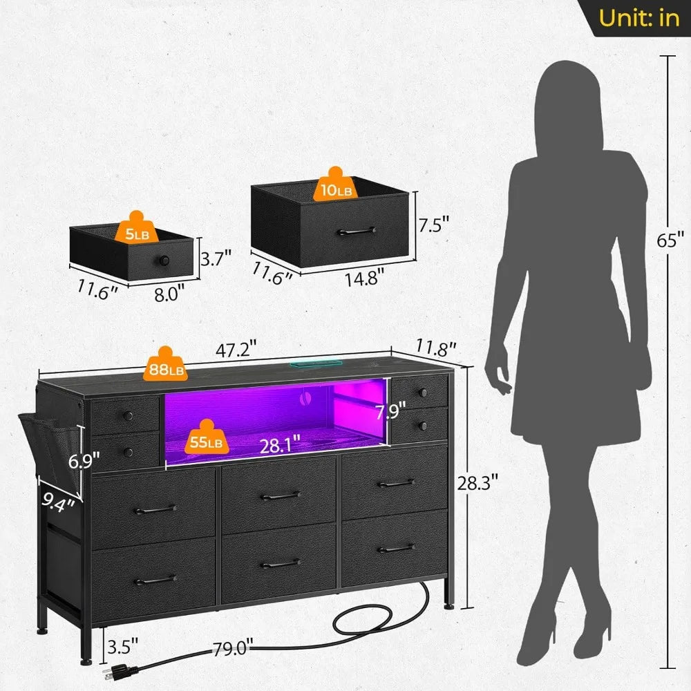 Dresser with Power Outlets and LED Lights, 10 Drawers Dresser with Side Pocket, Fabric Chest of Drawers with PU Finish