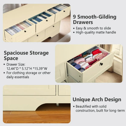 9 Drawer Dresser, White Long Dresser for Bedroom, Modern Wood Wide Dresser, Large Storage Chest of Drawers for Living Room