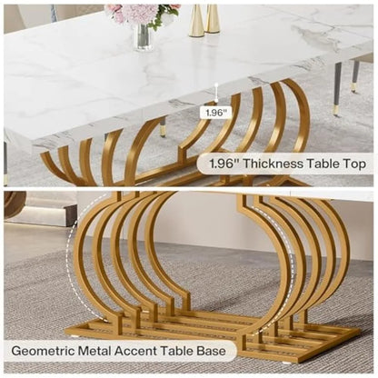 Table à manger de 71 po pour 6 personnes, table de salle à manger blanche moderne avec plateau en faux marbre, table de cuisine avec cadre géométrique