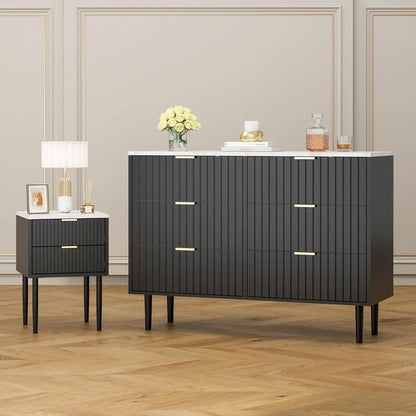 Black Matching Dresser and Nightstand Sets 3 Piece,Modern Grooved Stripes,Marble Texture Top,Gold Handles