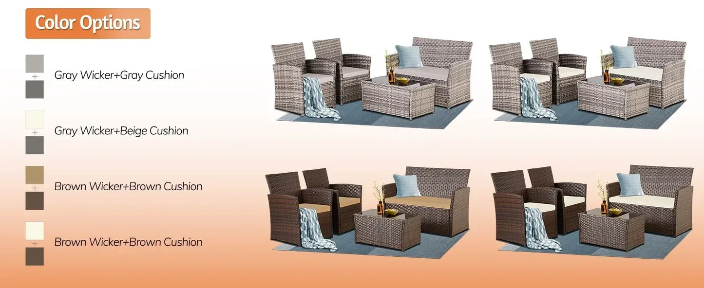 4 Piece Patio Furniture Set, Outdoor Wicker Conversation Sets,Rattan Sectional Sofa w/Coffee Table, for Backyard Garden Poolside