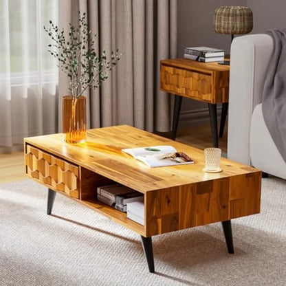 Georgina Solid Wood Coffee Tables for Living Room,Coffee Table Mid Century Modern with 2 Symmetrical Storage Drawers & Geometric