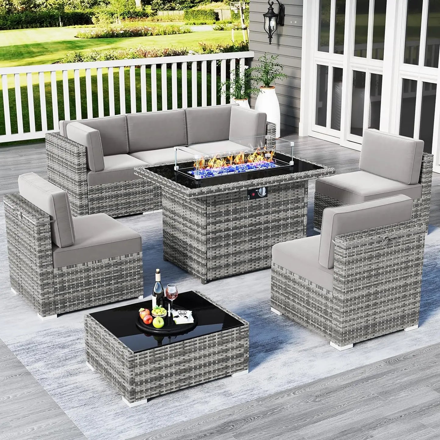 Juego de muebles de patio de 8 piezas con mesa para fogata a gas propano de 44", juego de sofá de mimbre y ratán y mesa de centro Rattan Möbel