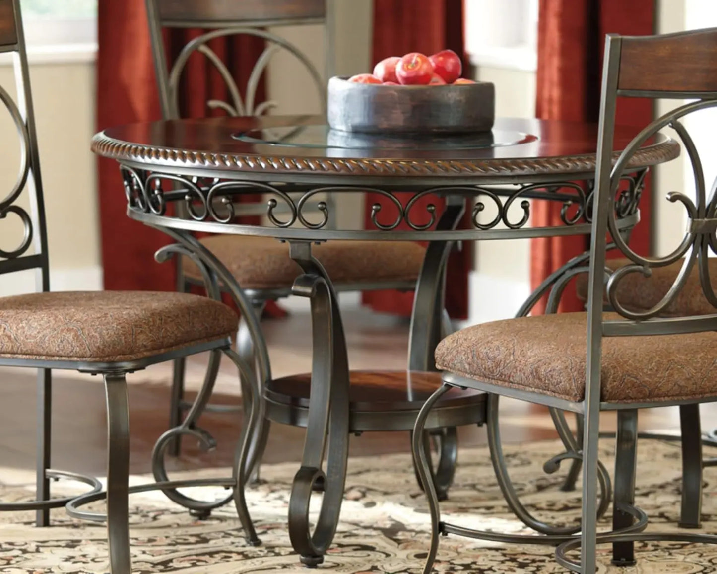 Signature Design by Ashley Glambrey Old World 45" Round Glass Top Dining Table, Brown