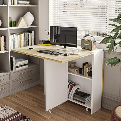 Table à manger pliante avec 6 roulettes, table à manger à abattants avec étagères de rangement, table de cuisine pliante pour petits appartements