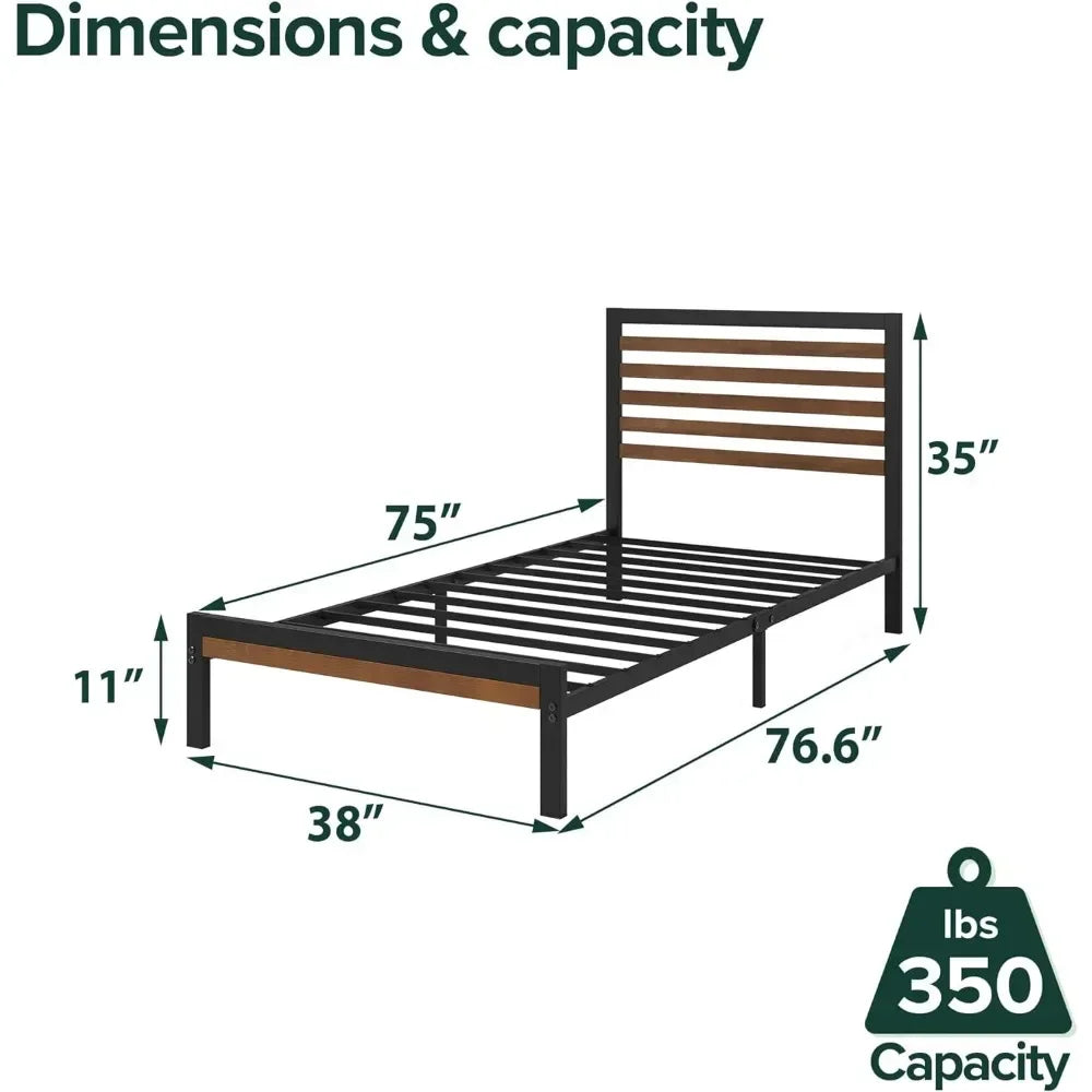 Bamboo metal platform bed frame with headboard, no springs required, easy to assemble, twin beds