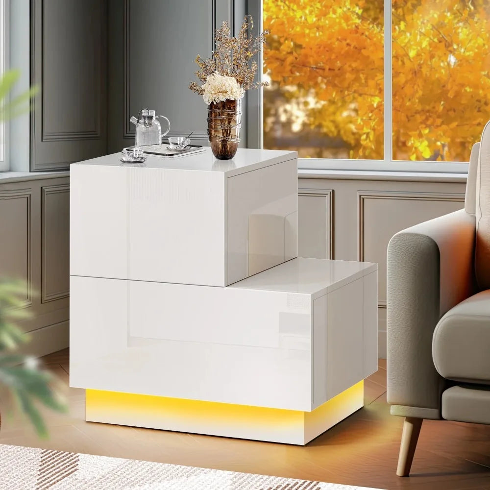 Living Room Bedside Table for Bedroom Furniture L-Shaped Bedside Table With Drawers Nightstands White LED Nightstand Tables Home