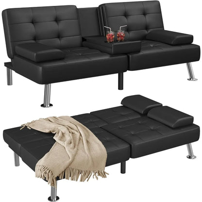 Canapé-lit futon de salon moderne en similicuir convertible, chaise longue pliable et réglable avec 2 porte-gobelets et accoudoirs