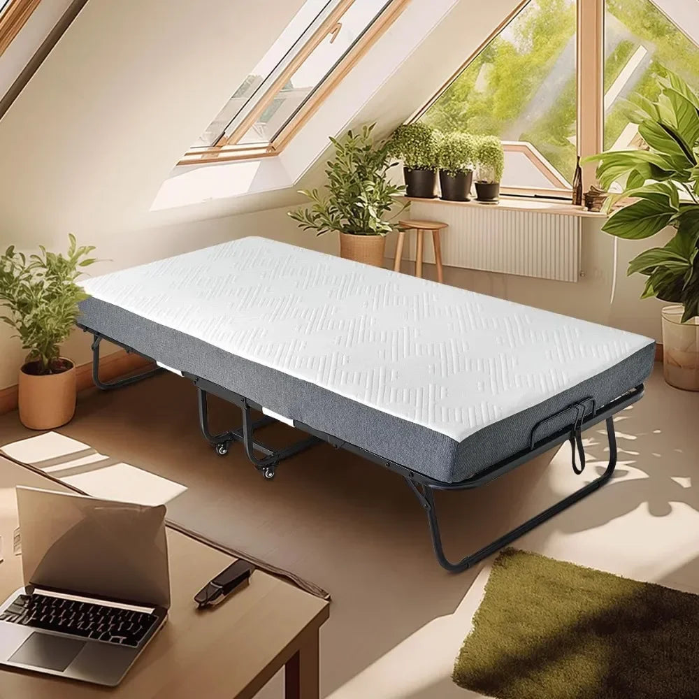 Folding Bed, (with 5.2" Thick Memory Foam Mattress), 79 * 35inch, Portable Foldable Adult with Mattress for Guest use, Metal