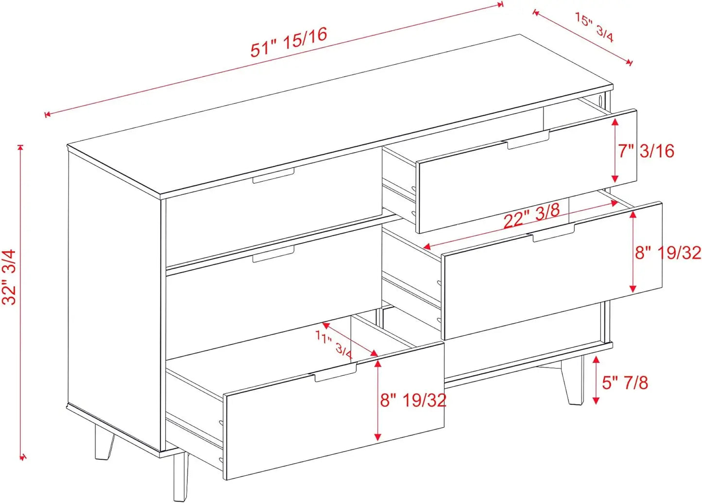 Commode en bois à poignée rainurée moderne du milieu du siècle, rangement de chambre à coucher, tiroir, organisateur de placard, couloir, 6 tiroirs