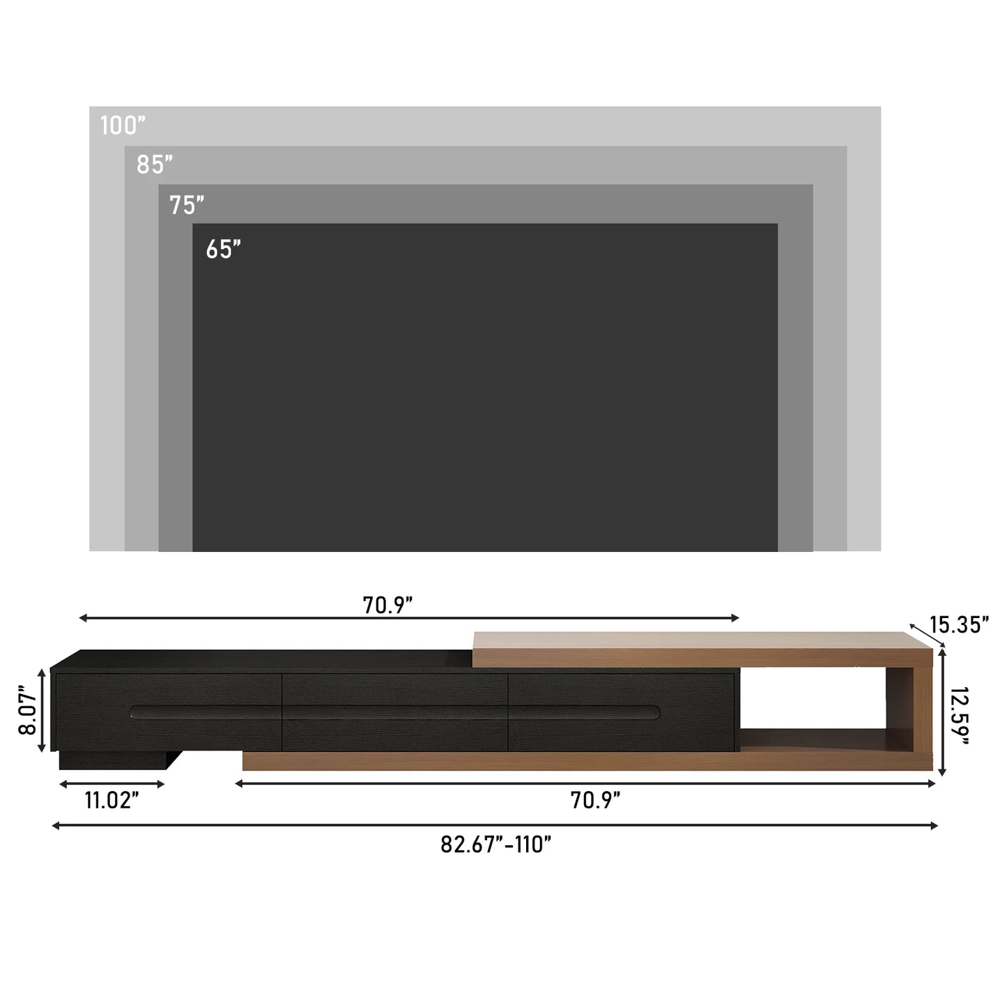 Meuble TV extensible de 82 à 110 pouces pour téléviseur jusqu'à 120 pouces, console multimédia TV réversible en bois avec 3 tiroirs et étagère de rangement ouverte pour le salon