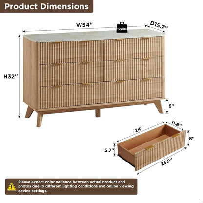 Fluted 5/6 Drawers Dresser, 54" Wide Modern Chest of Drawers with Faux Marble Top, Curved Profile Design,TV Stand, Wood Drawer