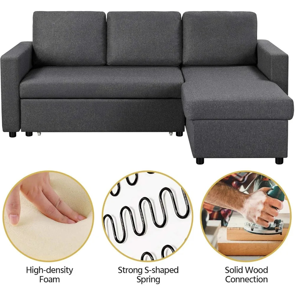 Sofá seccional en forma de L, sofá cama con chaise longue y USB, sofá cama reversible con cama extraíble y espacio de almacenamiento, sofá extraíble