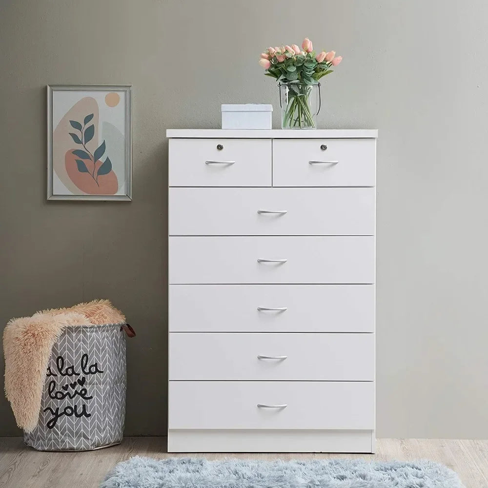 Cómoda con 2 cerraduras en los cajones superiores, mueble de dormitorio, mueble de baño blanco, escritorio de maquillaje, 31,5 pulgadas de ancho