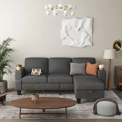 L Shape Sectional Sofa Couch with USB & Type-C Charge Port and Cup Holders,Modern Linen Sofa Set with Storage Ottoman & Pockets