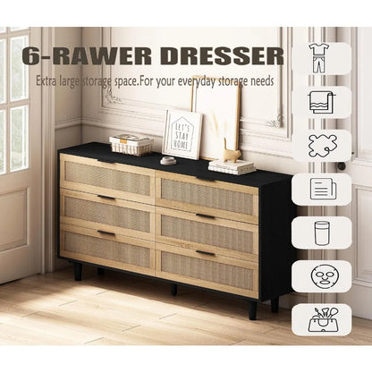 6 Drawer Double Dresser for Bedroom, Wooden Storage Wardrobe Dresser With Gold Handles, Floor Standing Storage Cabinet, Natural