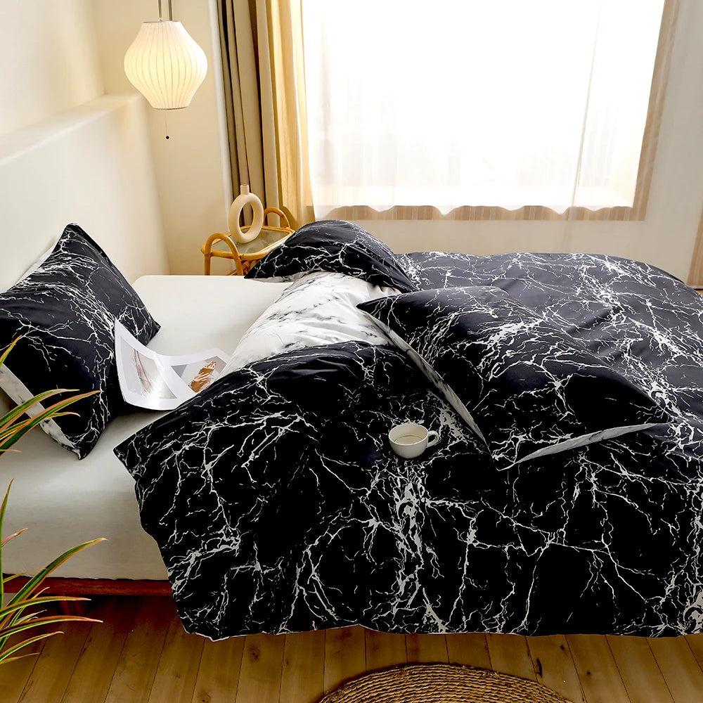 Juego de cama de 2/3 piezas con estampado de mármol negro para otoño e invierno, funda de edredón estampada para dormitorio, juego de cama, tamaño king y queen completo