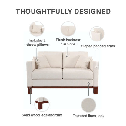 Brooklyn Upholstered Wood Base Loveseat with 2 Throw Cushions, Textured Beige