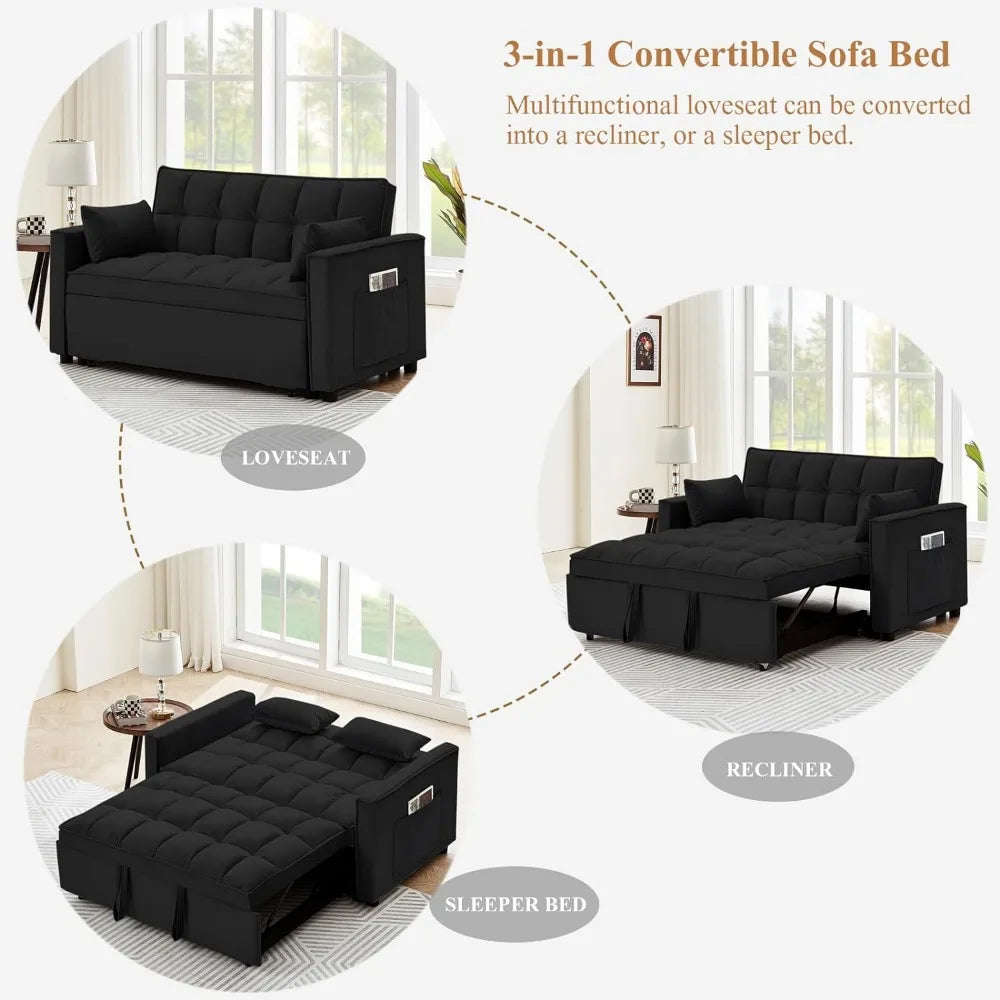 Convertible Sleeper Sofa Bed, Velvet Tufted Loveseat Couch with Pull Out Bed with 2 Pillows, Living Room Sofa