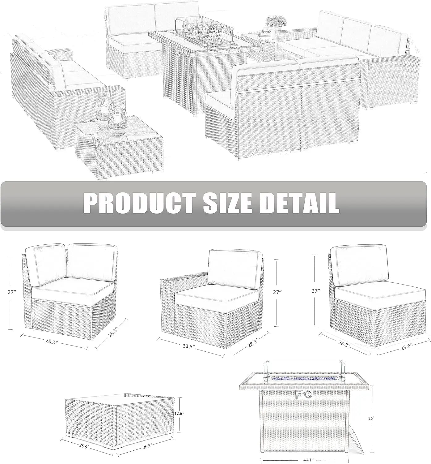 Juego de muebles de patio de 8 piezas con mesa para fogata a gas propano de 44", juego de sofá de mimbre y ratán y mesa de centro Rattan Möbel