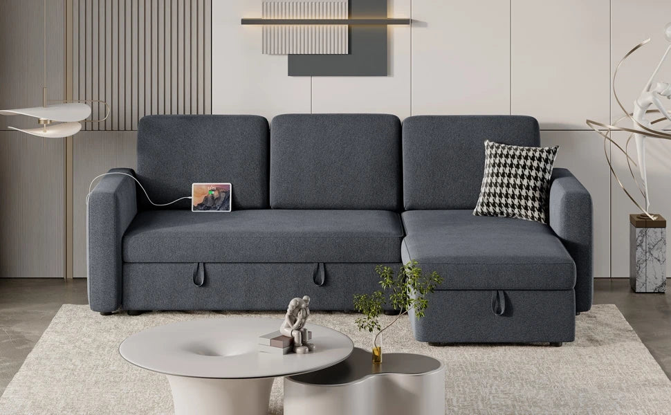 Sectional Sofa Couch Bed W/Chaise & USB, Reversible Couch Sleeper W/Pull Out Bed & Storage Space, Pull Out Couch, Sofa Bed