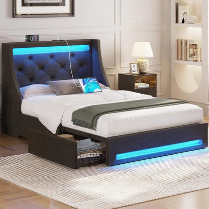 Twin Bed Frame with LED Lights and Charging Station, Upholstered Bed with Drawers, Wooden Slats, Noise Free, Easy Assembly