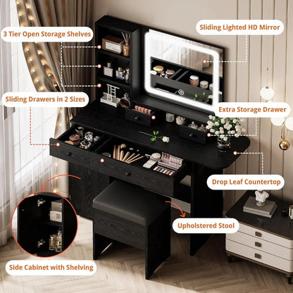 Commode, tiroirs et miroirs éclairés par LED, prises de courant et armoires, tabourets de rangement, housses de table de maquillage de chambre élégantes - meubles