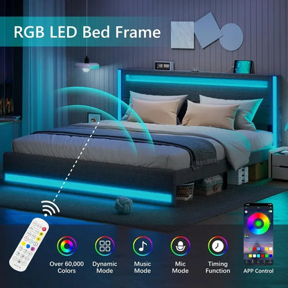 Cadre de lit Queen à LED, tête de lit réglable, éclairage avec station de charge Type-C et USB, cadre de lit en métal rembourré, cadre de lit